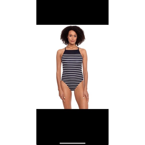 NWT SZ 6 M Ralph Lauren Women Striped One-Piece Designer Swimsuit Black White - Picture 1 of 14